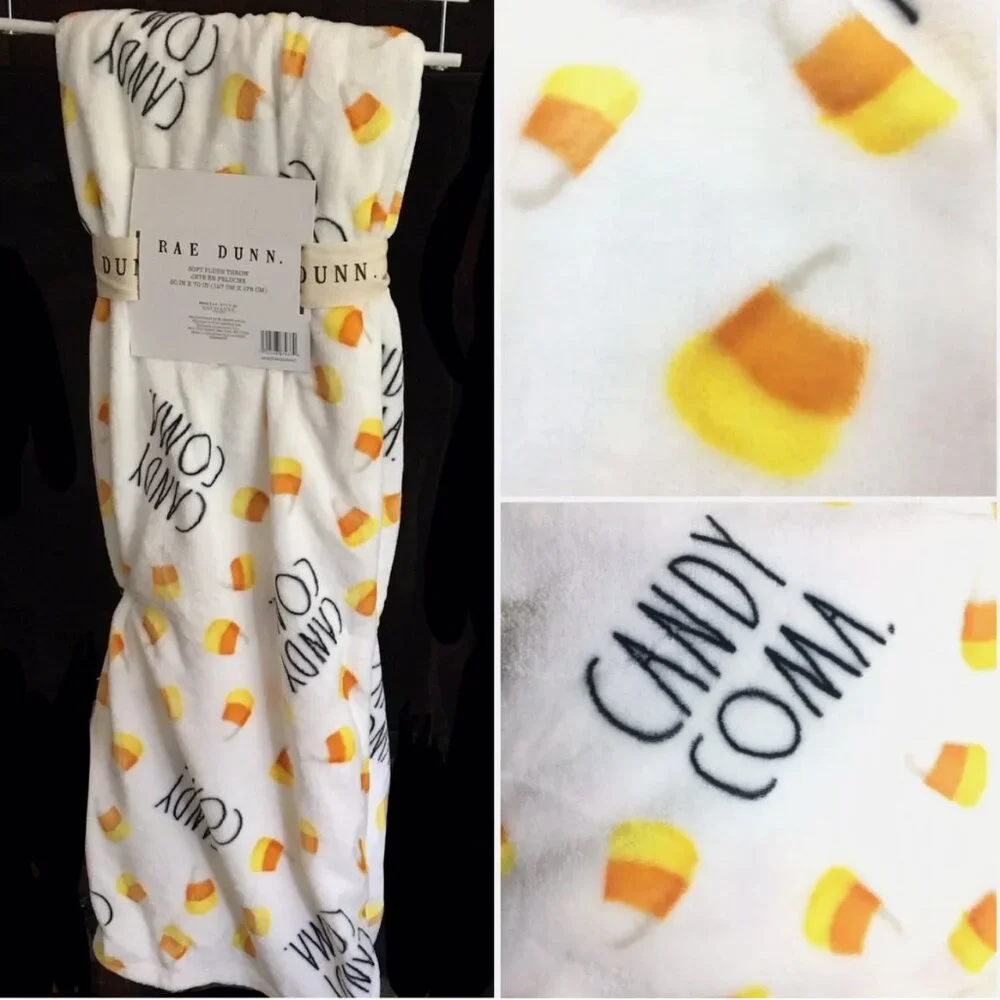 Rae Dunn Halloween CANDY COMA MicroFleece Throw Blanket Orange Yellow Candy Corn
